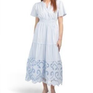 New Haute Hippie Light Blue Tribe Cotton V Neck Eyelet Tiered Maxi Dress Sz S